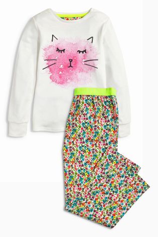 Multi Cat Face And Printed Woven Bottom Pyjamas (3-16yrs)